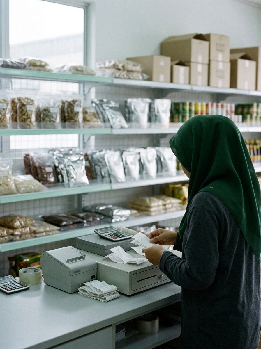 Pemilik kedai di kaunter sedang menyemak resit harian, dilihat dari sisi, rak barang di belakang